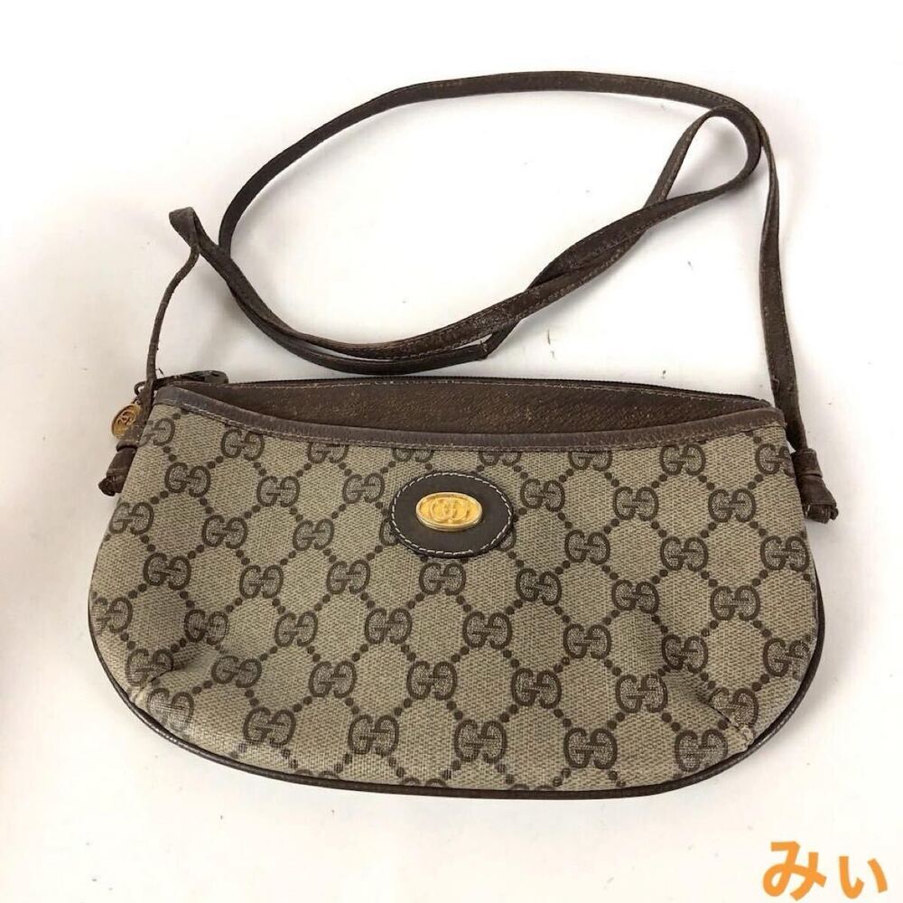 GUCCI GG Plus Shoulder Bag Crossbody Clutch Leather Beige Brown Handbag